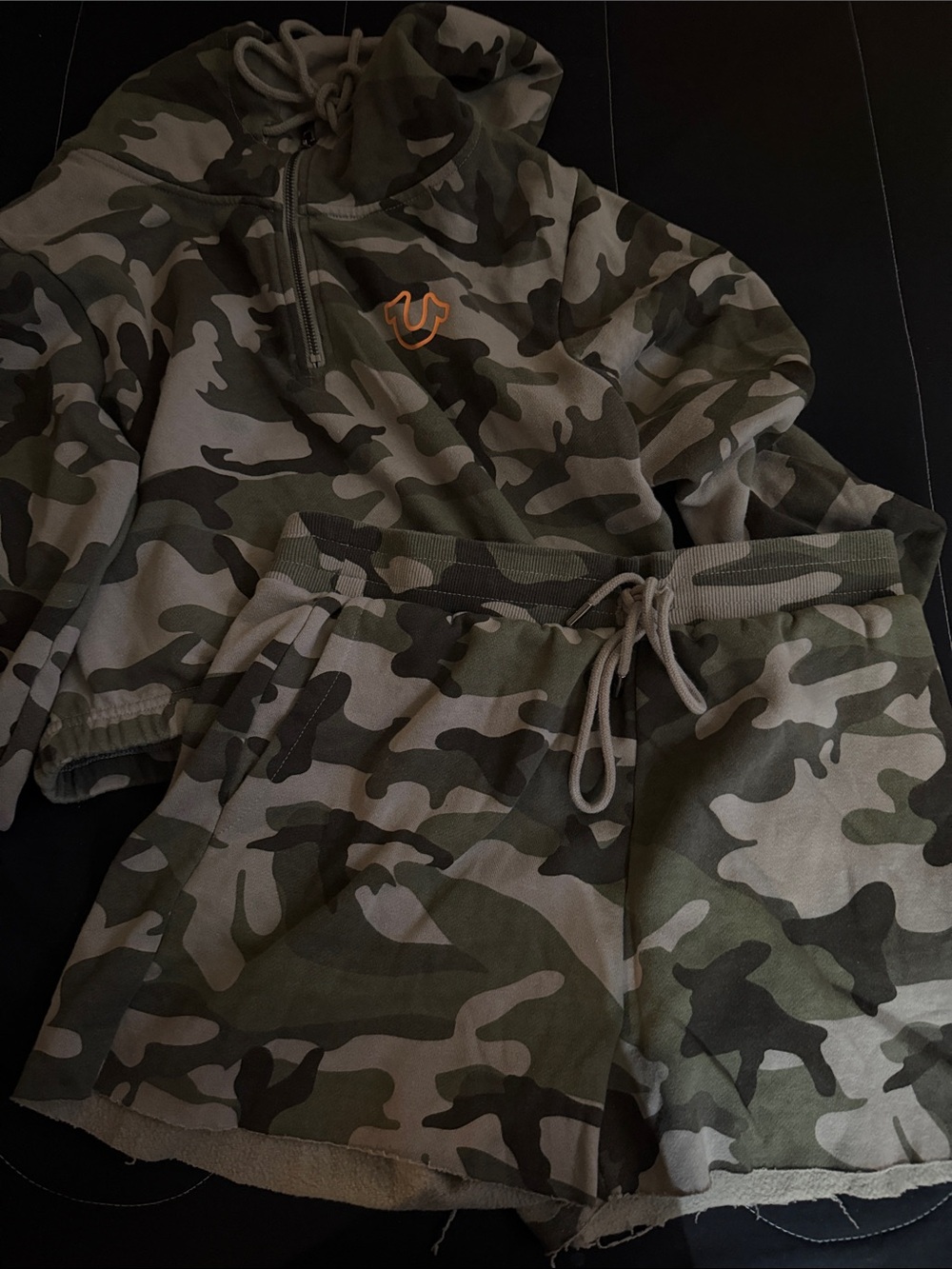 True Religion Women's Camo Sweatshirt & Shorts Set with Orange Logo